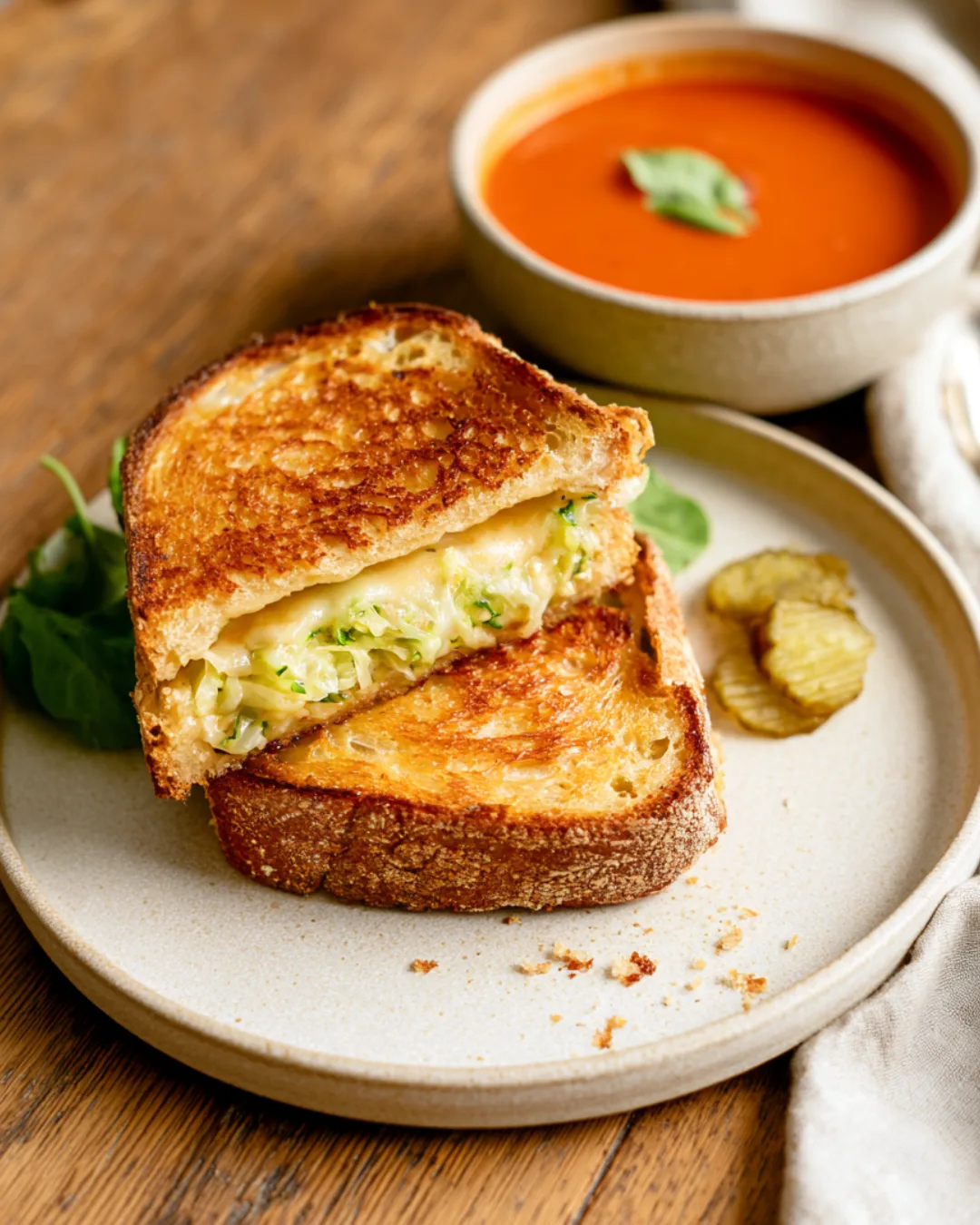 Zucchini Grilled Cheese served with tomato soup